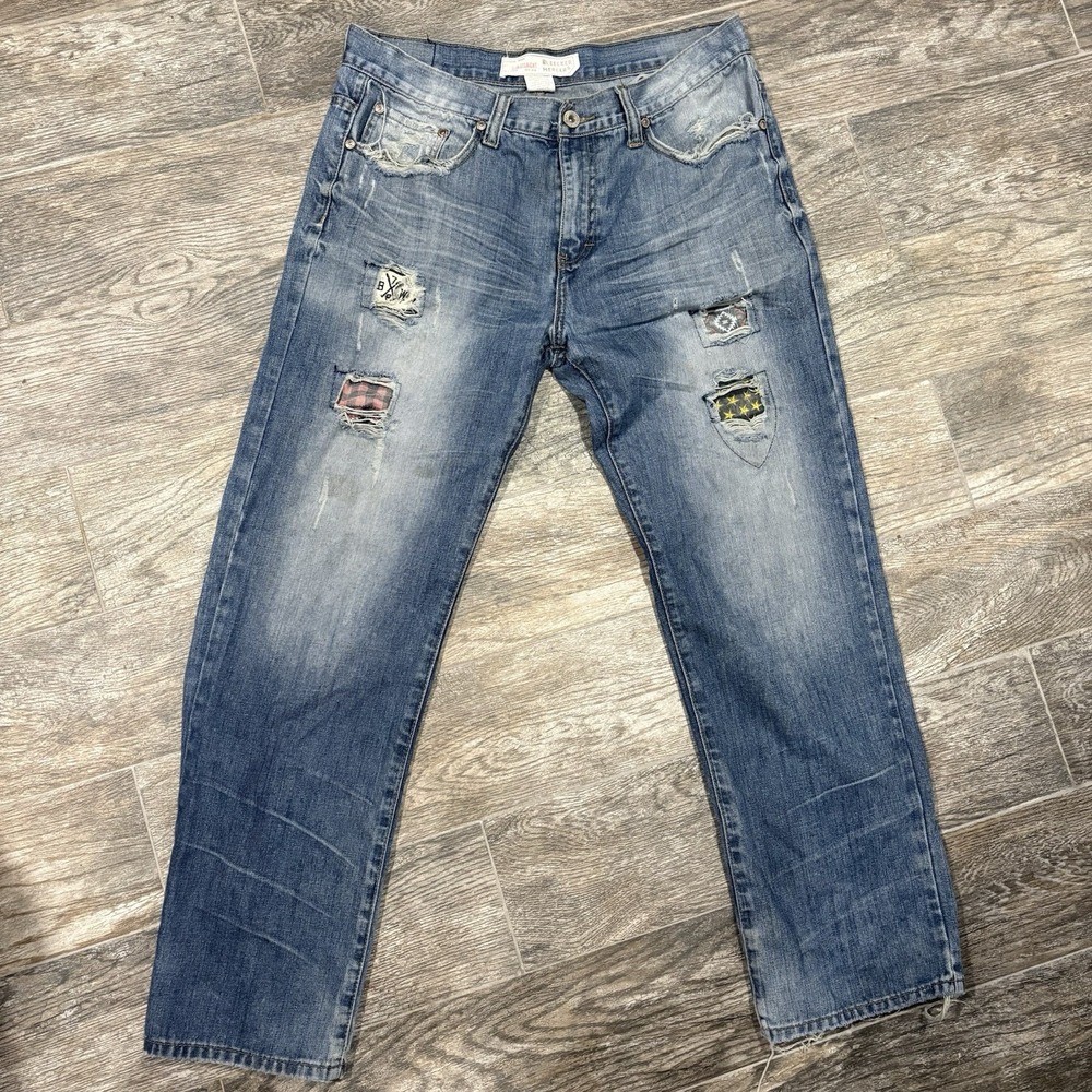 Bleecker & Mercer Distressed Patchwork Jeans Slim Straight Men's 36x32 Grunge